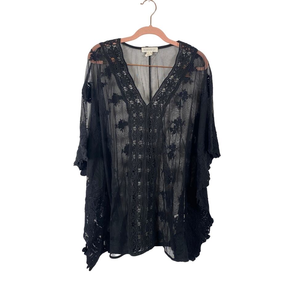Forever 21 Women Black Mesh Embroidered Batwing Cover up Top Vneck Size S
